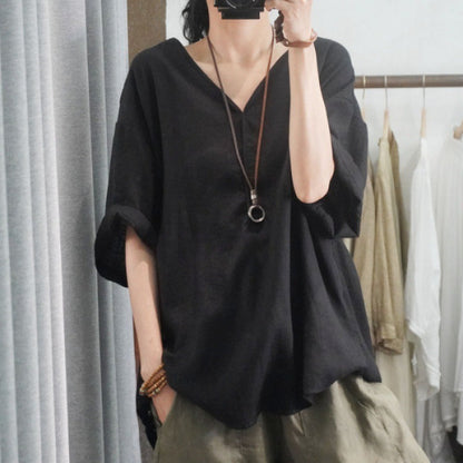 Damen Leinen-T-Shirt Oversized V-Ausschnitt Lässig Beige