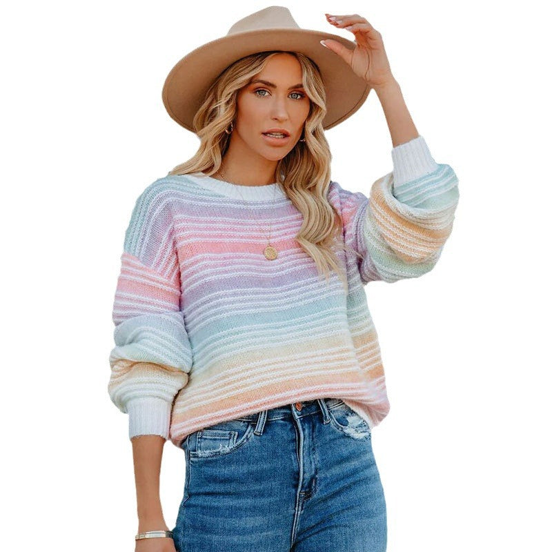 Damen Pullover Bunt Streifenmuster Voluminöse Ärmel Norvielle