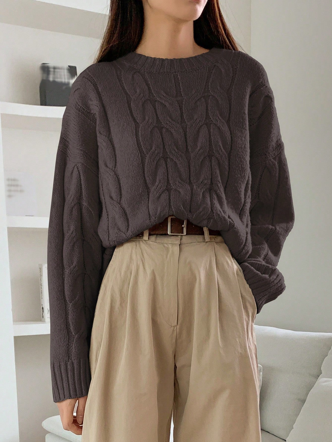 Damen Grobstrickpullover Zopfmuster Weites Modell Norvielle