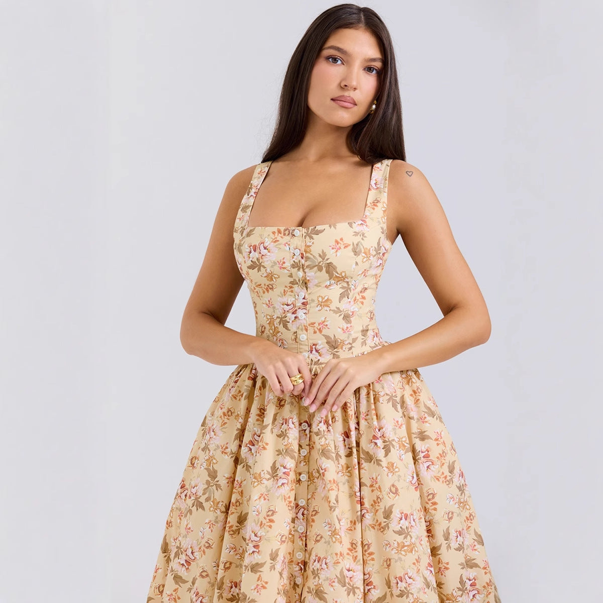 Damen Midi-Kleid Floralmuster Schmale Träger Norvielle