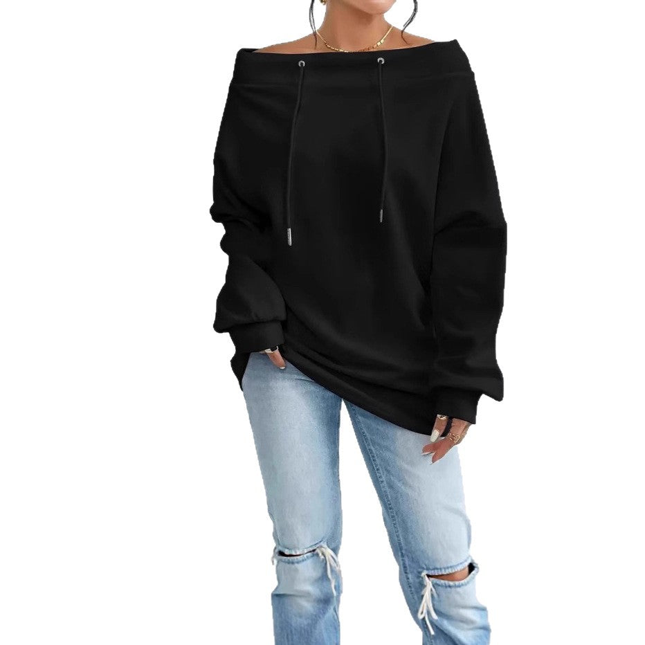 Damen Oversized Pullover Offener Kragen Kordelzug Beige