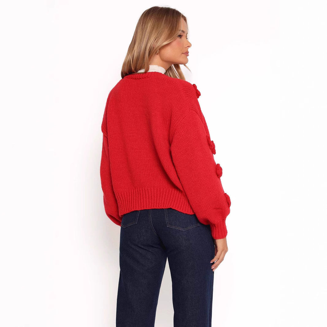 Damen Strickjacke Florales Design Voluminöse Ärmel Norvielle