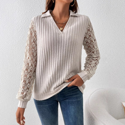 Damen Bluse V-Ausschnitt Spitzenärmel Rippstruktur