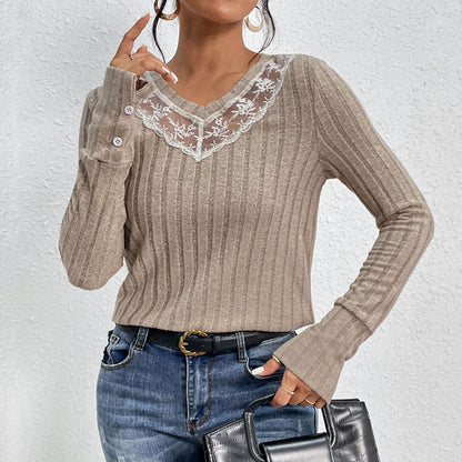 Damen Langarmshirt Spitzenakzente Gerippt Weiß - Norvielle