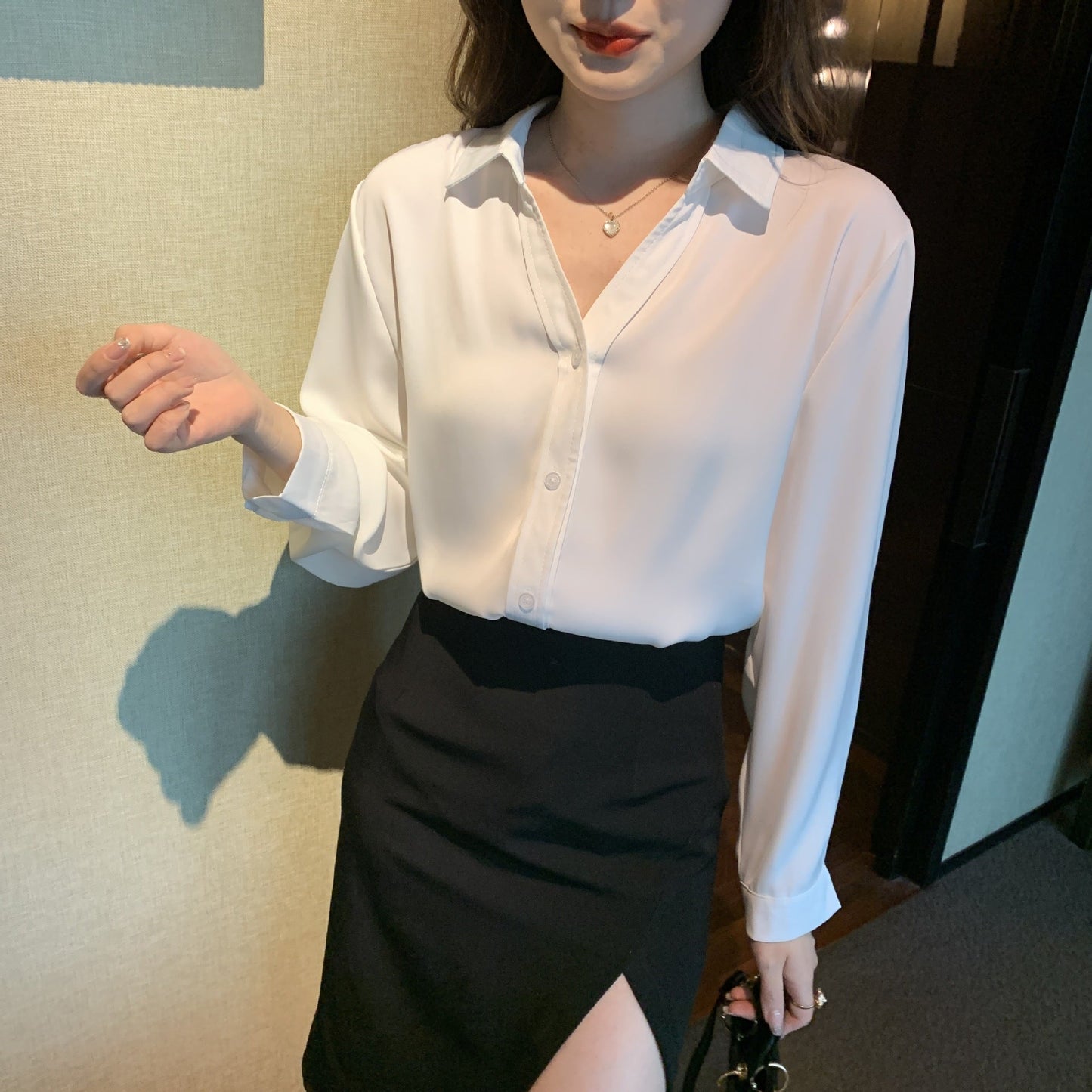 Damen Bluse Elegante V-Ausschnitt Feines Jersey Weiß