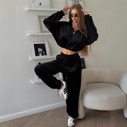 Damen Velours-Loungewear-Set Reißverschluss Kapuze