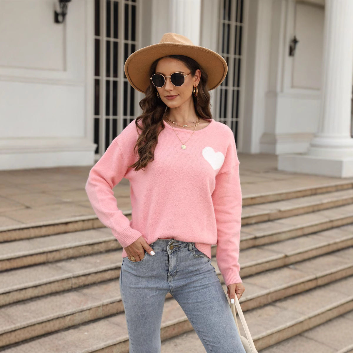 Damen Pullover Weich Herzapplikation Norvielle