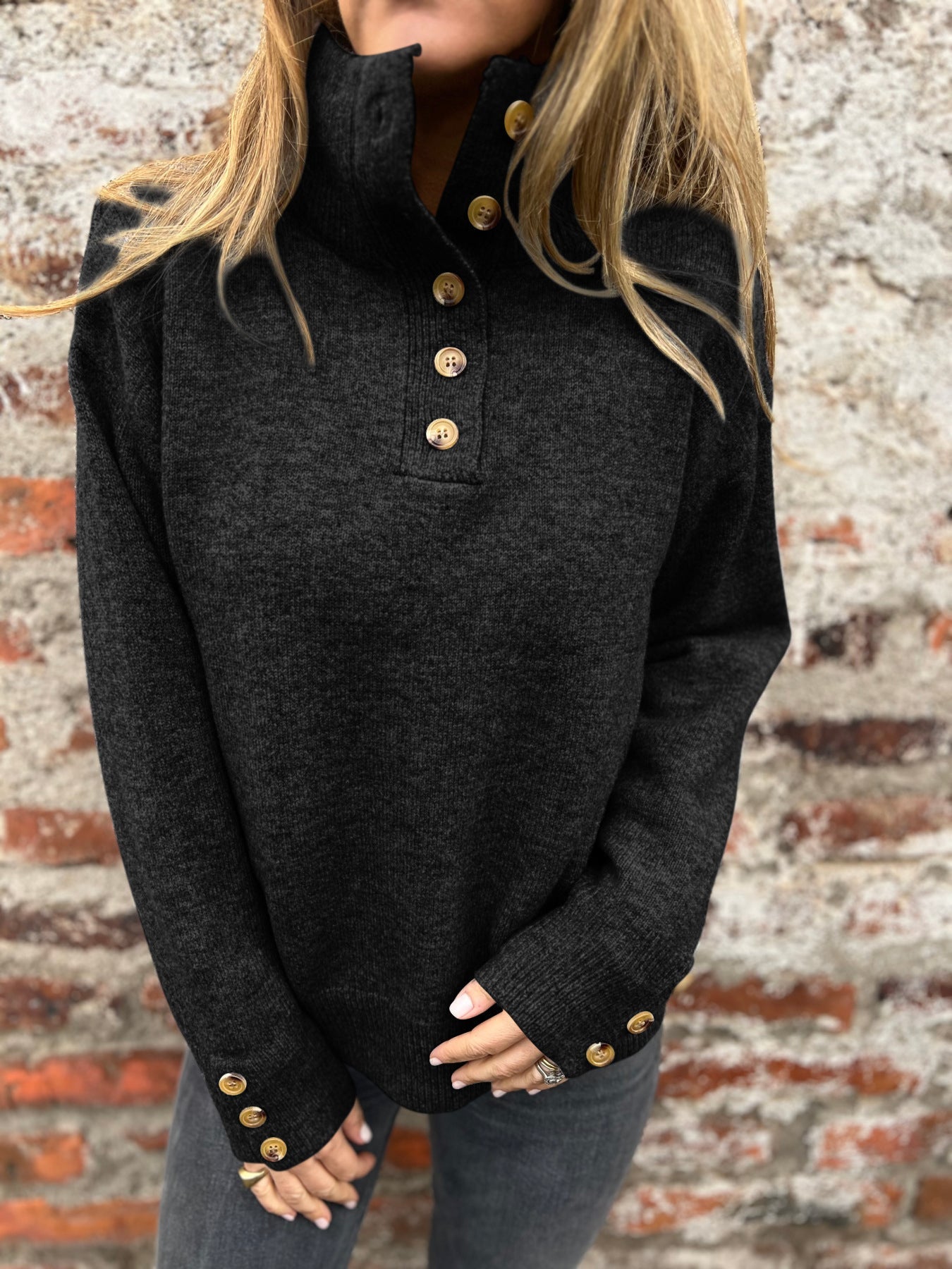 Damen Pullover Hohler Kragen Dekorative Knöpfe Norvielle