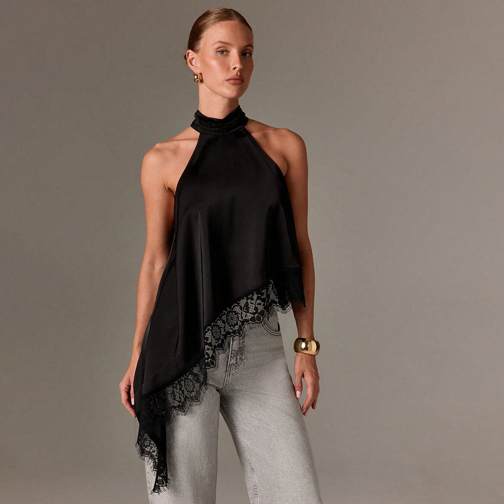 Damen Haltertop Spitzenbesatz Elegant