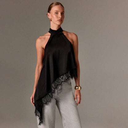 Damen Haltertop Spitzenbesatz Elegant