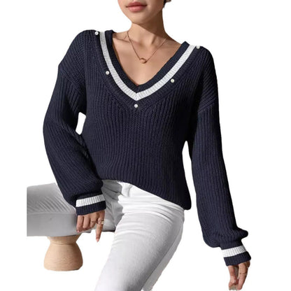 Damen Oversized Pullover V-Ausschnitt Perlenakzente Norvielle