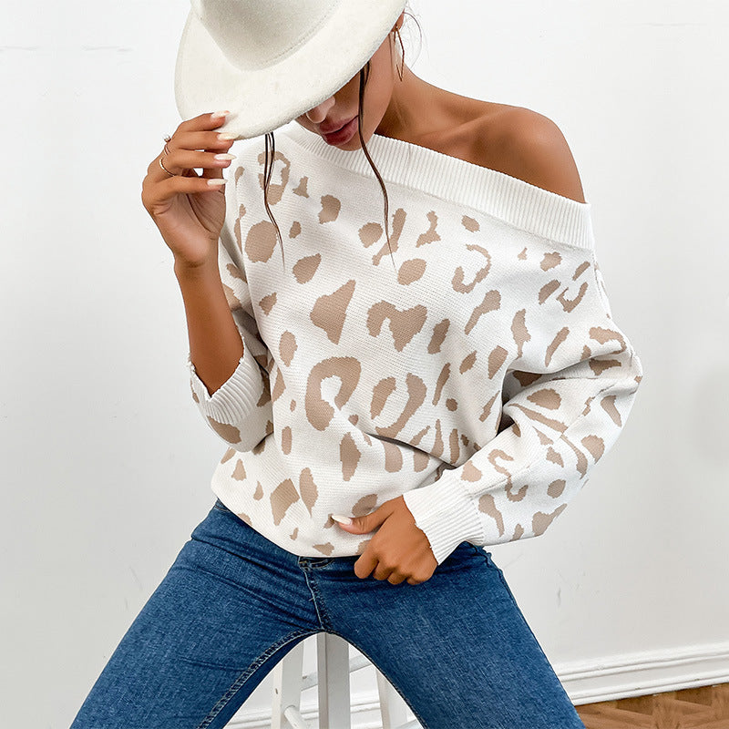 Damen Pullover Off-Shoulder Leopardenmuster Norvielle