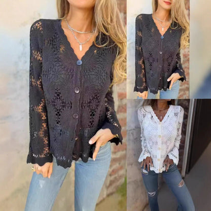 Damen Häkelcardigan Florales Design Knopfverschluss Norvielle - Norvielle