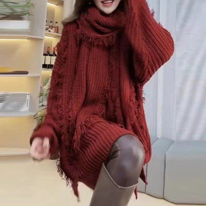 Damen Oversized Strickpullover V-Ausschnitt Fransen Beige