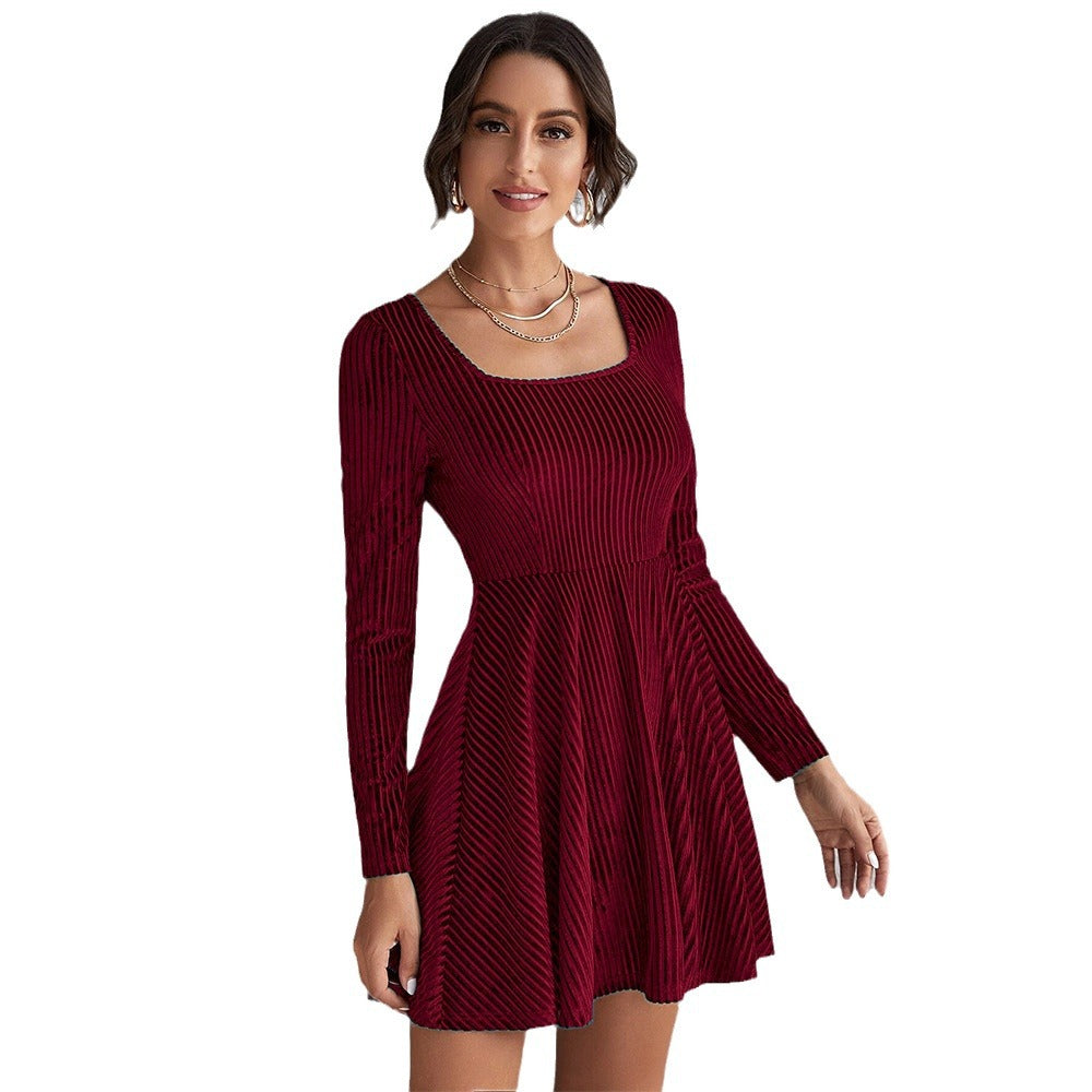 Damen Minikleid Tiefes Quadrat Dekolleté Lange Ärmel