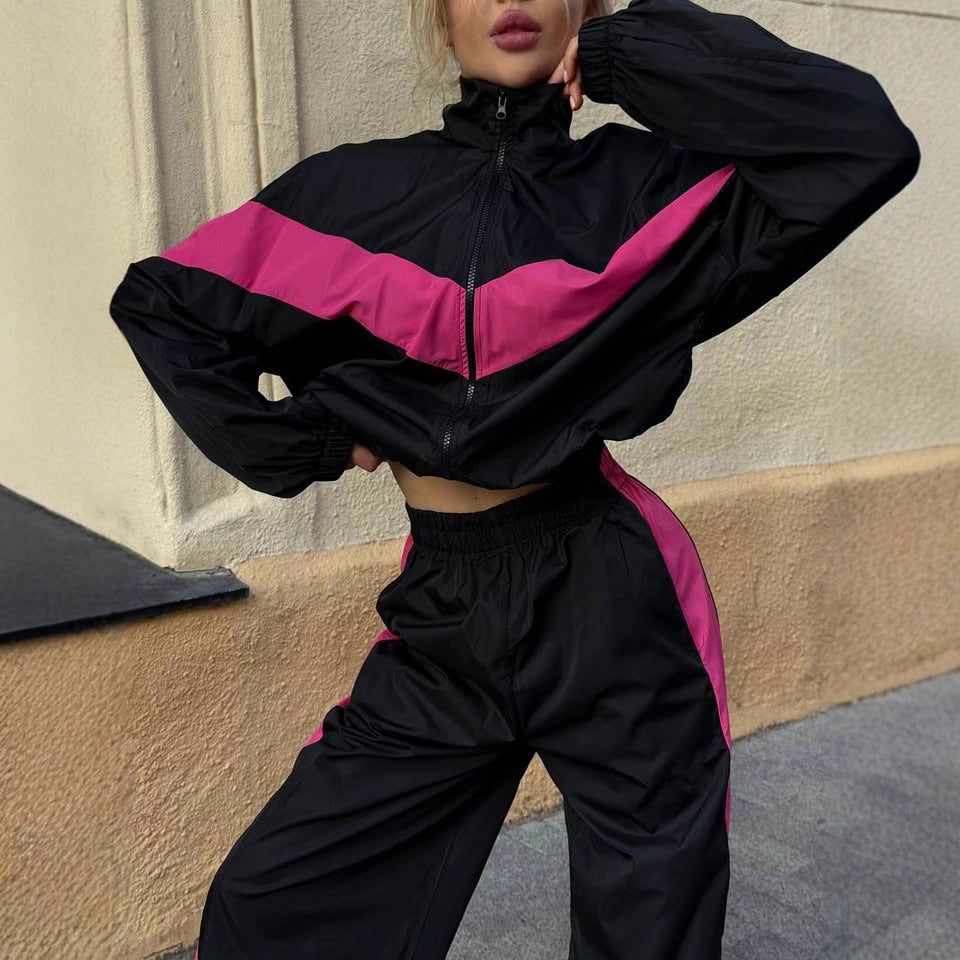 Damen Windbreaker Sportlich Hochkragen Kontraststreifen Schwarz - Norvielle