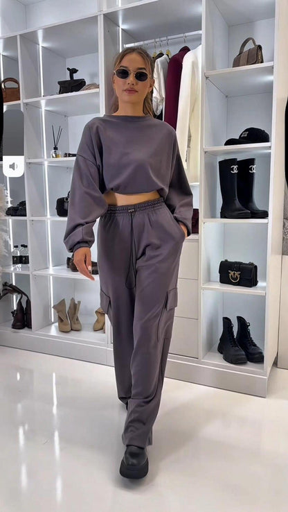 Damen Loungewear-Set Voile Cropped Oberteil Gerade Hose Beige