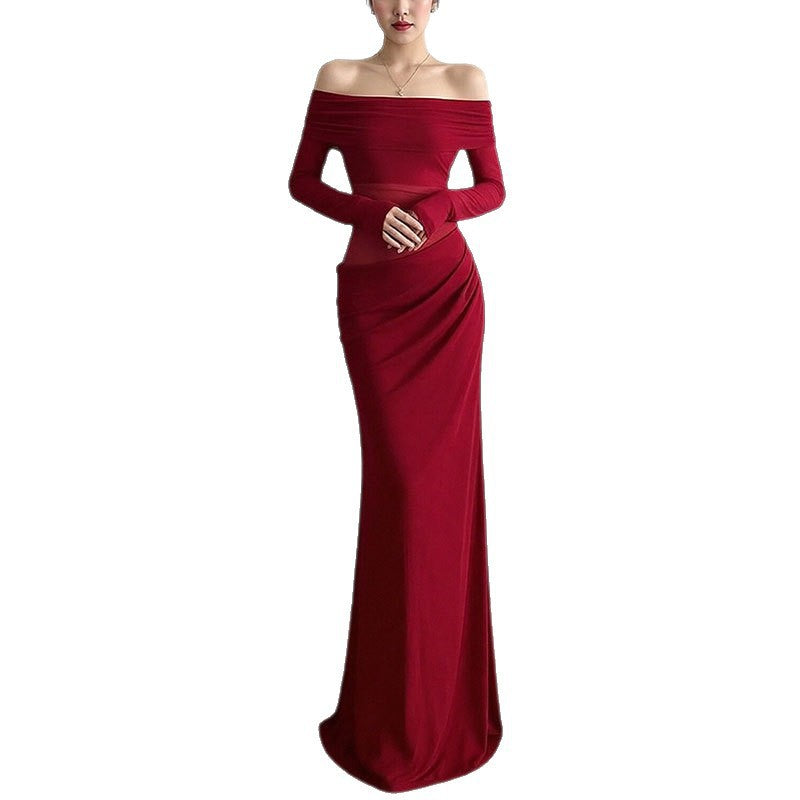 Damen Off-Shoulder Maxikleid Rüschendetails Langarm