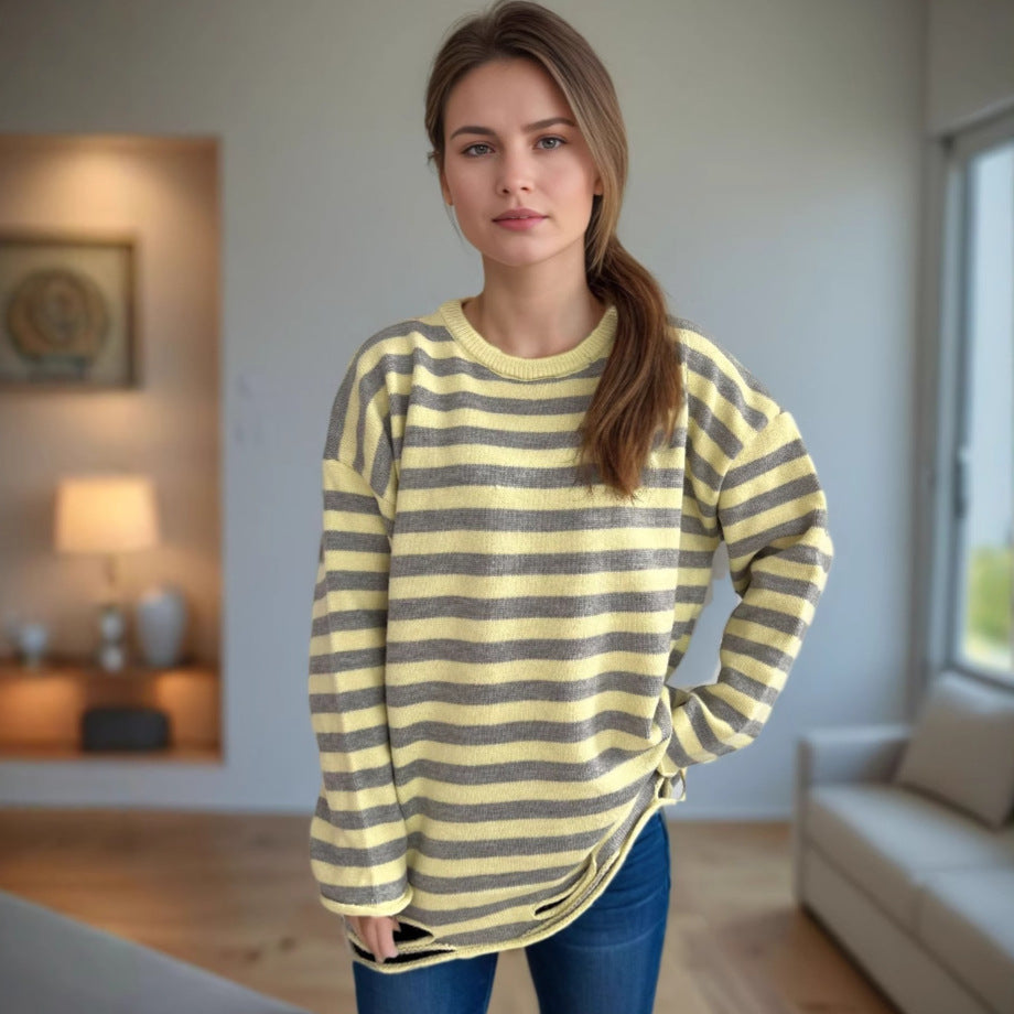 Damen Oversized-Pullover aus Strickstoff mit lässigem Streifenmuster