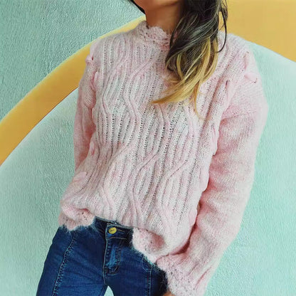 Damen Grobstrickpullover Zopfmuster Schneeflocken Applikationen