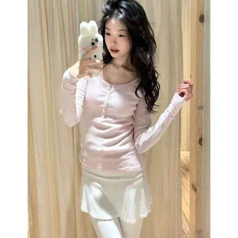 Damen Langarmshirt Rippstruktur Knöpfe Weiß Norvielle
