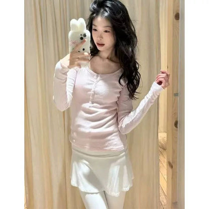 Damen Langarmshirt Rippstruktur Knöpfe Weiß Norvielle
