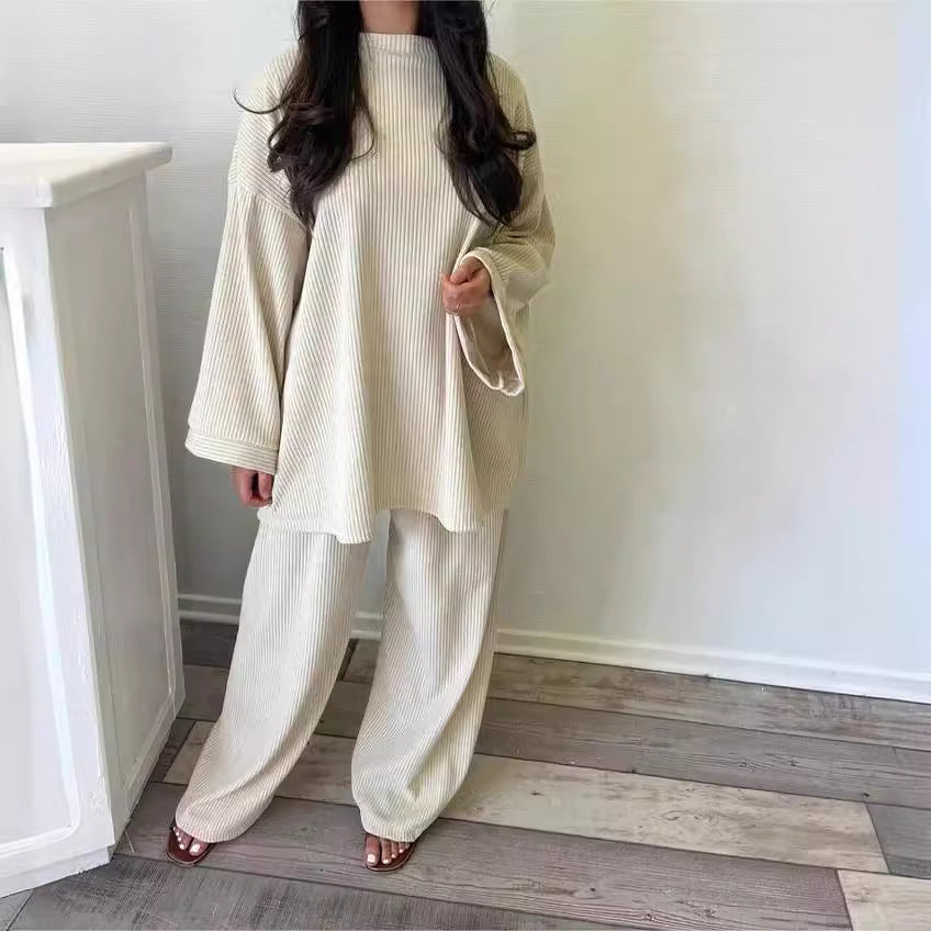 Damen Lounge-Set Weiches Ripp-Material Weiter Schnitt Beige