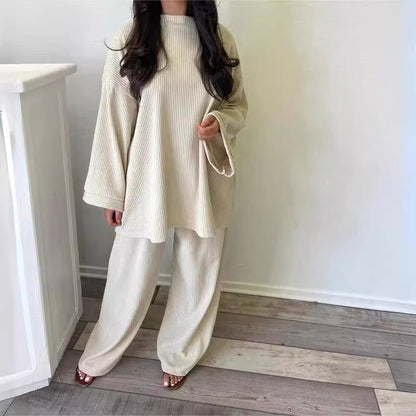 Damen Lounge-Set Weiches Ripp-Material Weiter Schnitt Beige