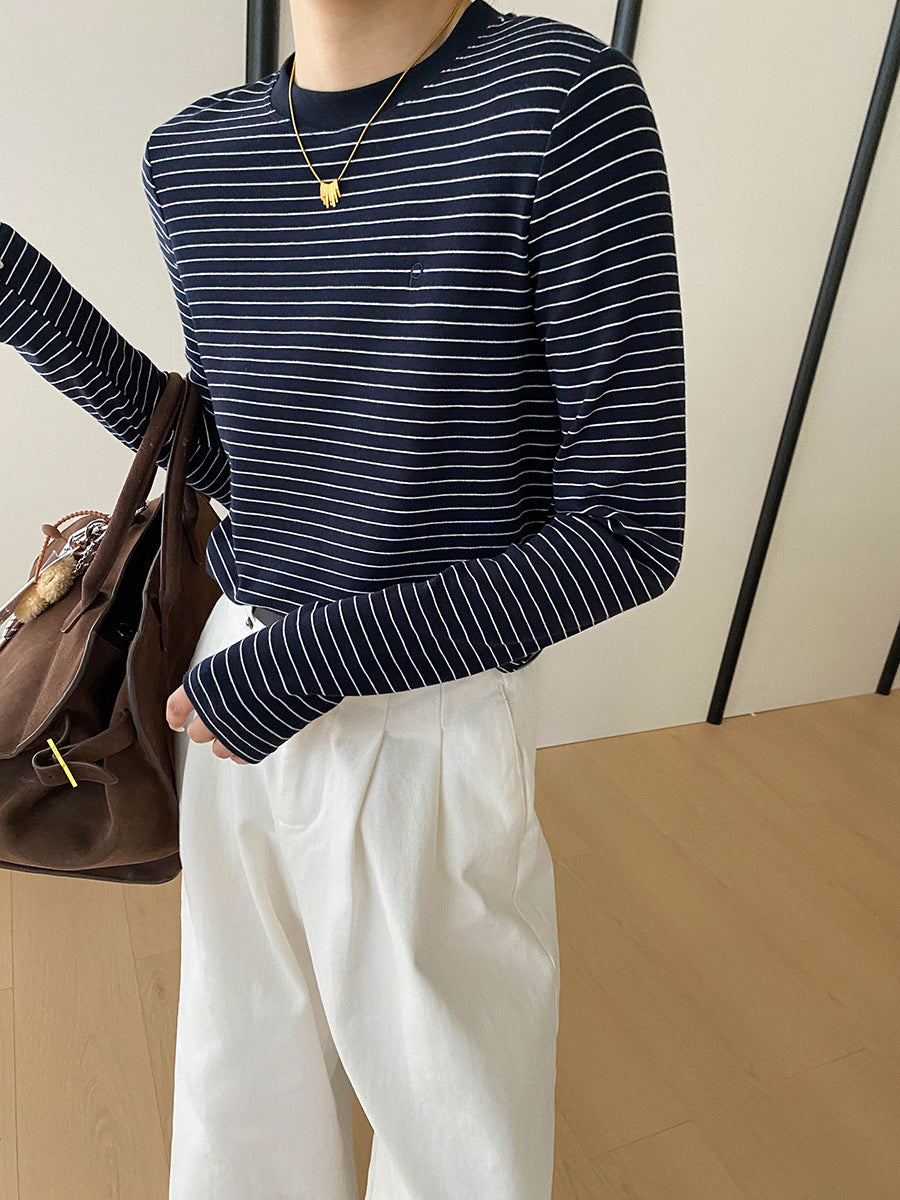 Damen Langarmshirt Klassisches Streifenmuster Rundhals Weiß