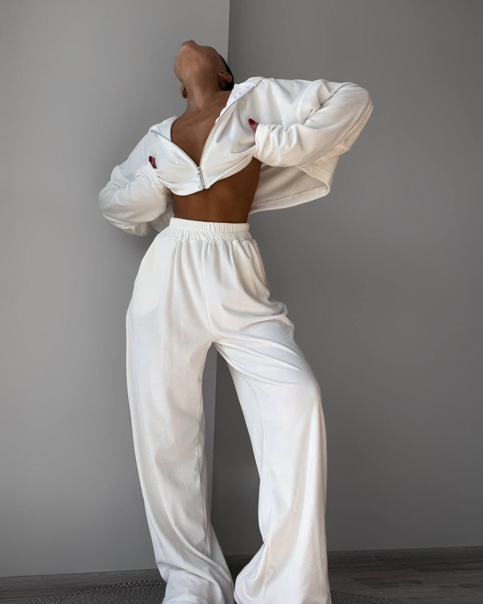 Damen Velours Set Cropped Oberteil Weite Hose Norvielle