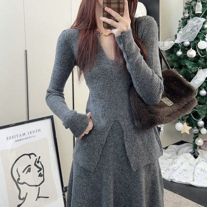 Damen Rippstrickpullover V-Ausschnitt Lässig