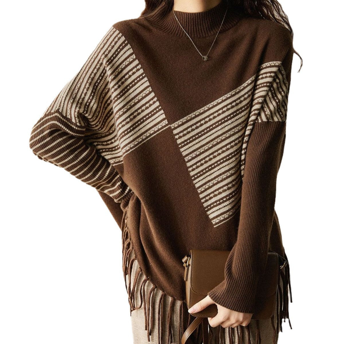Damen Oversized Pullover Grafisches Streifenmuster Mit Fransen