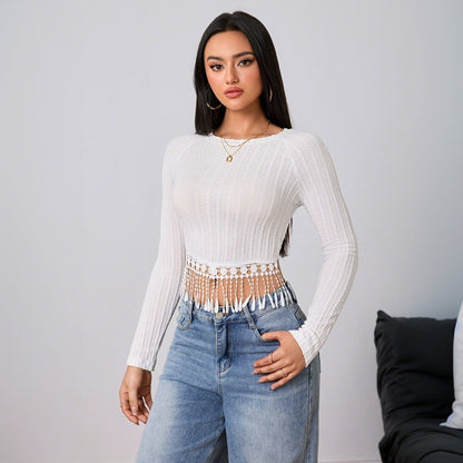 Damen Langarmshirt Cropped mit Fransen-Details Norvielle