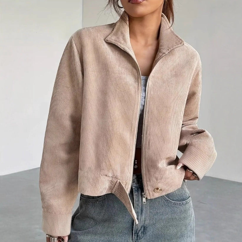 Damen Cordjacke Cropped Reißverschluss Relaxed Fit Braun - Norvielle