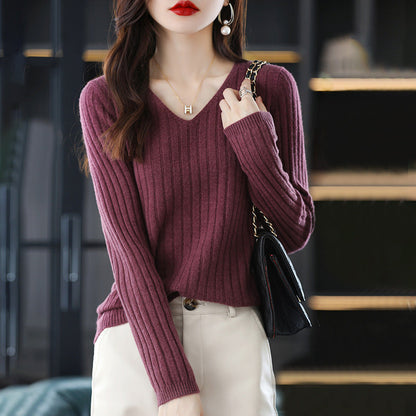 Damen Strickpullover V-Ausschnitt Feinripp