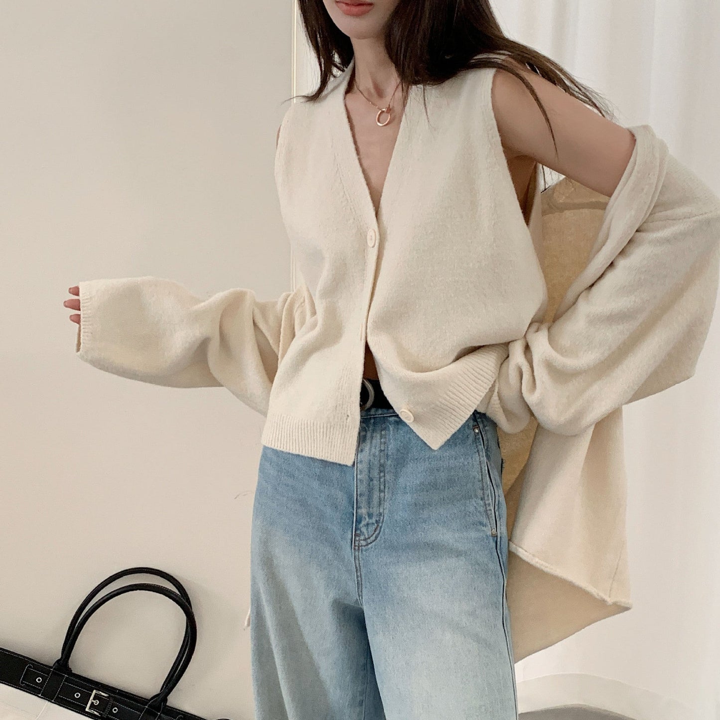 Damen Strickcardigan Lässig Knopfverschluss Voluminöse Ärmel Beige