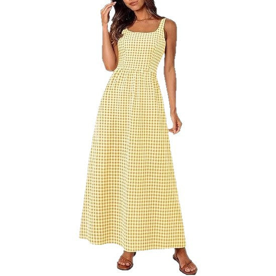Damen Maxikleid Karomuster Elastisch Verstellbare Träger Norvielle