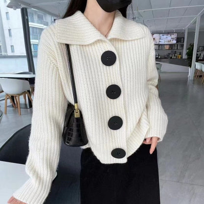 Damen Strickjacke Kuschelig Breite Knöpfe Klassischer Kragen Beige - Norvielle