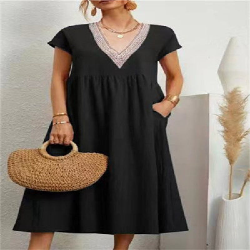 Damen Maxikleid V-Ausschnitt Eingrifftaschen Norvielle