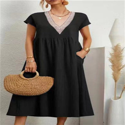 Damen Maxikleid V-Ausschnitt Eingrifftaschen Norvielle