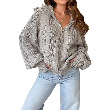 Damen Strickpullover Mit Kapuze Und Reißverschluss