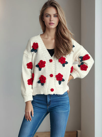 Damen Strickjacke Kuschelig Florales 3D-Design Große Knöpfe Norvielle