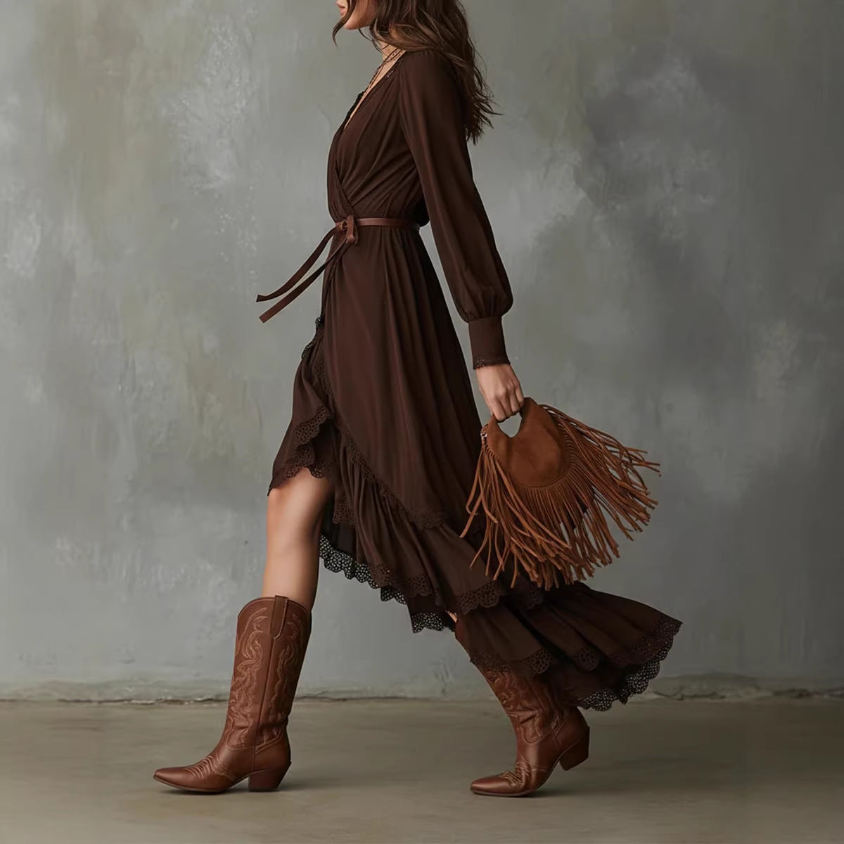 Damen Wickelkleid Spitzendetails Fließender Saum Norvielle