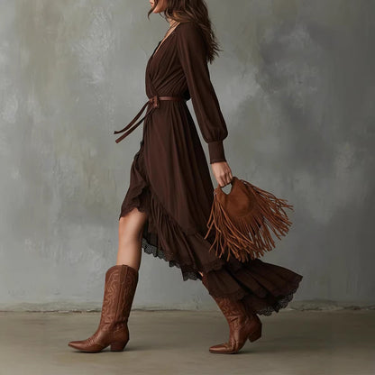 Damen Wickelkleid Spitzendetails Fließender Saum Norvielle