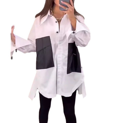 Damen Longbluse mit Kontrasttaschen Baumwolle Weiß