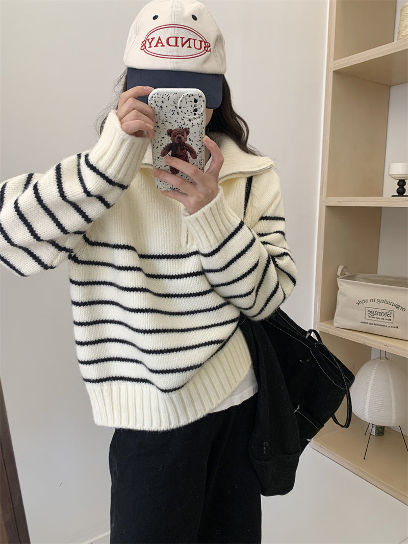 Damen Strickpullover Lässig Sportlicher Kragen Streifenmuster