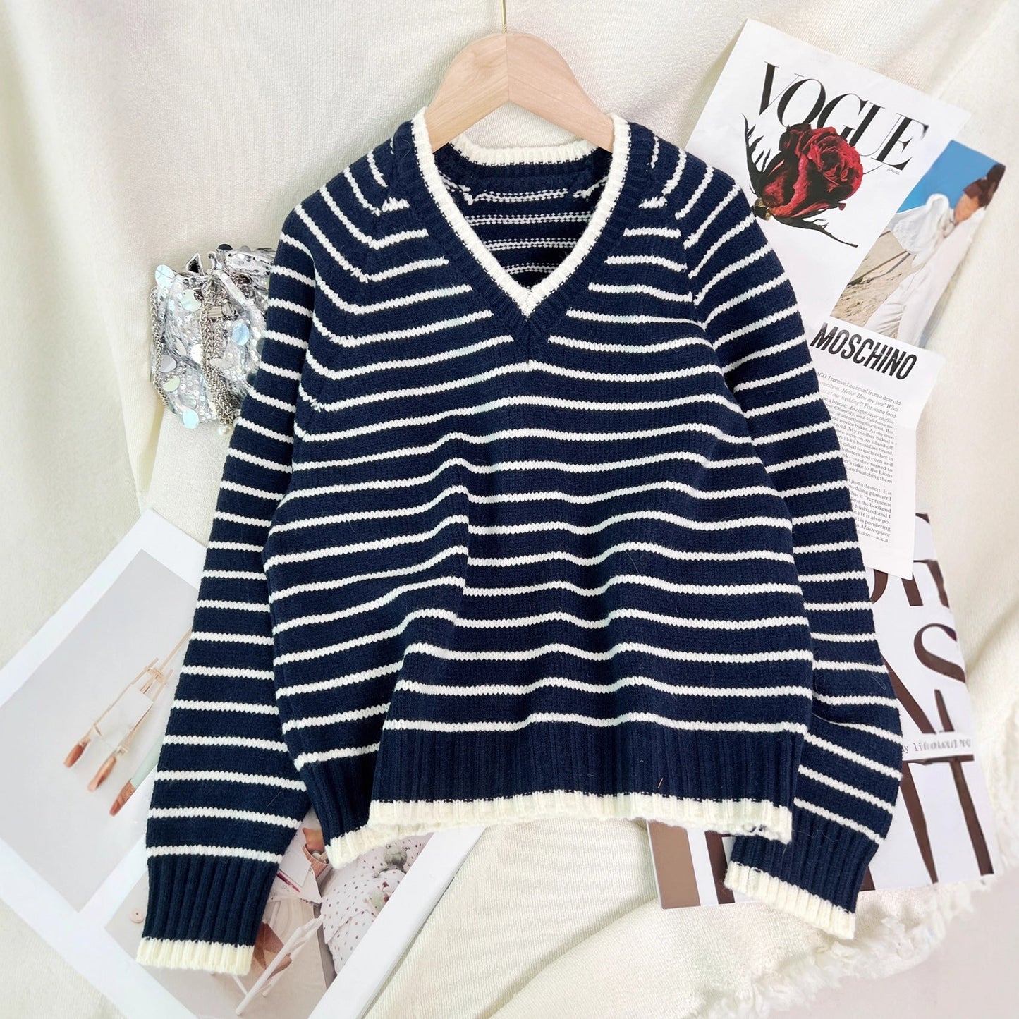 Damen Pullover Gestreift V-Ausschnitt Lässig Norvielle - Norvielle
