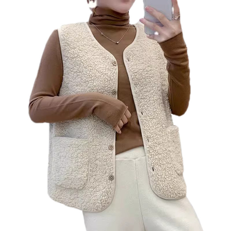 Damen Fleeceweste Teddylook mit Taschen und Knöpfen Beige