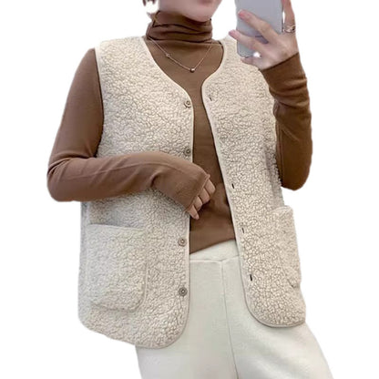 Damen Fleeceweste Teddylook mit Taschen und Knöpfen Beige