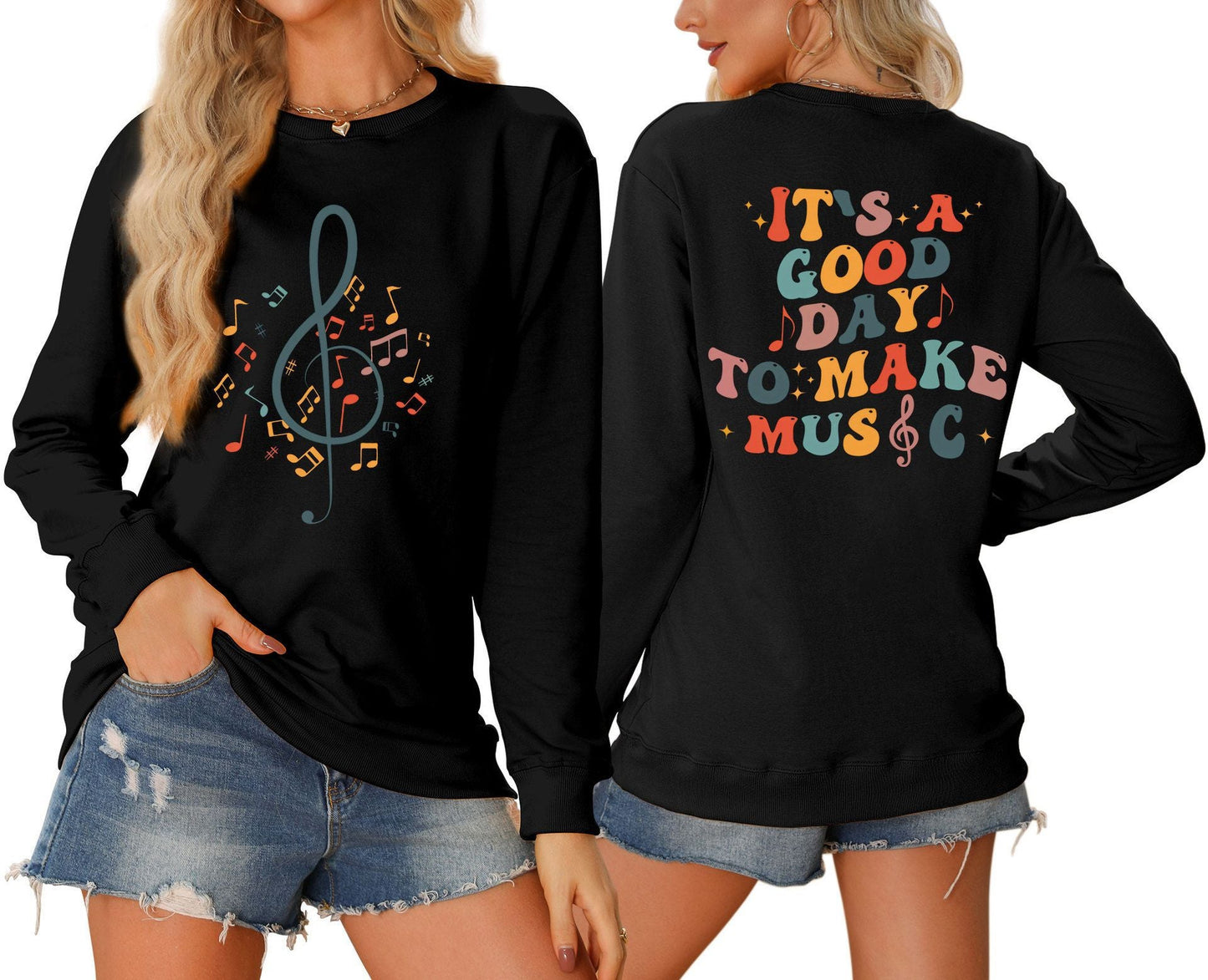 Damen Sweatshirt Musik Motiv Weiß